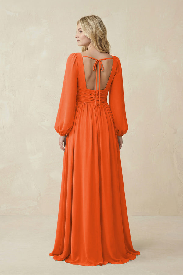Cinnamon V-Neck Long Sleeve A-Line Chiffon Bridesmaid Dress (2) | KISSBRIDAL