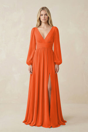 Cinnamon V-Neck Long Sleeve A-Line Chiffon Bridesmaid Dress | KISSBRIDAL