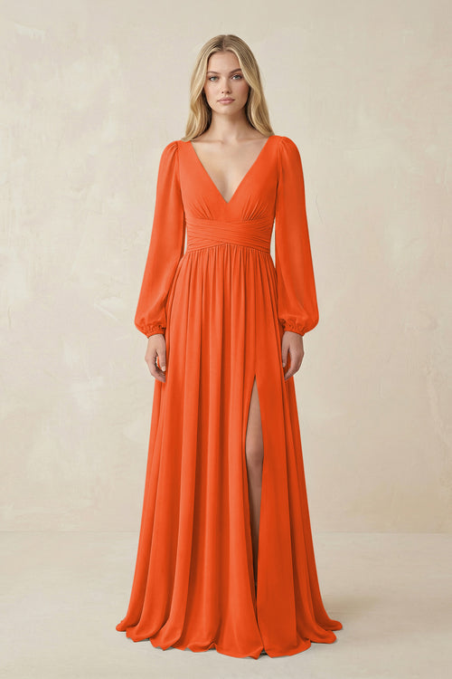 Cinnamon V-Neck Long Sleeve A-Line Chiffon Bridesmaid Dress | KISSBRIDAL