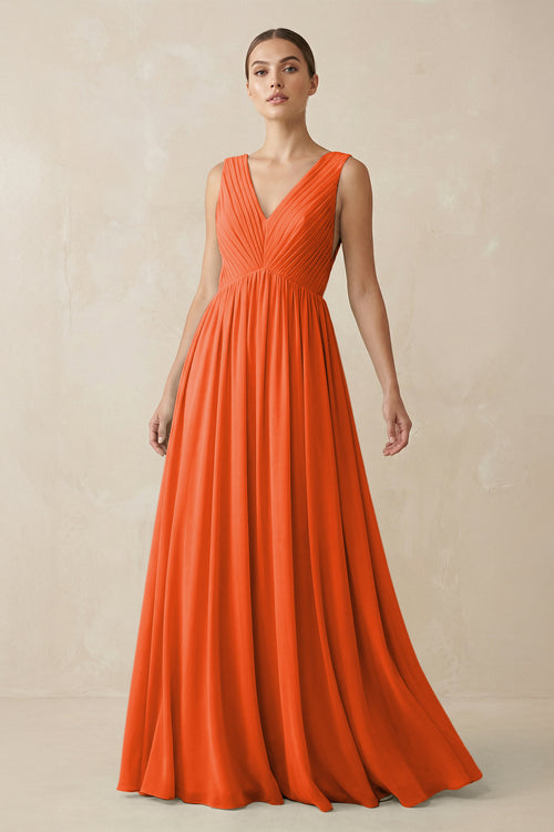 Cinnamon V-Neck Pleated A-Line Chiffon Bridesmaid Dress | KISSBRIDAL