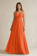 Cinnamon V-Neck Pleated A-Line Chiffon Bridesmaid Dress | KISSBRIDAL