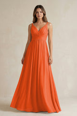 Cinnamon V-Neck Pleated A-Line Chiffon Bridesmaid Dress | KISSBRIDAL