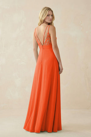 Cinnamon V-Neck Ruched Chiffon Bridesmaid Dress with Slit (2) | KISSBRIDAL