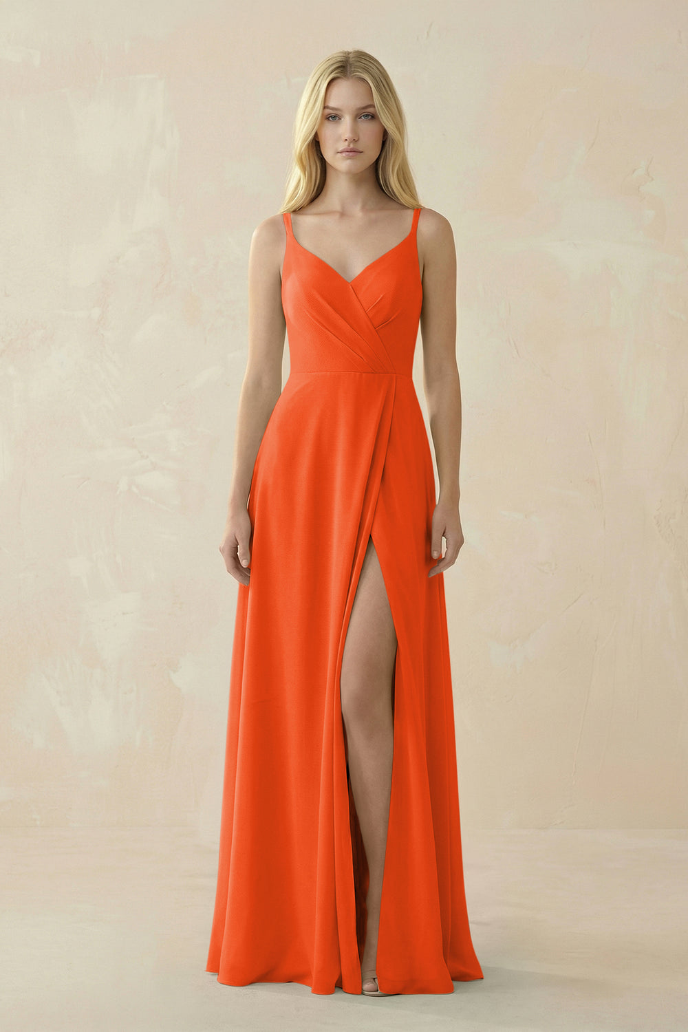 V-Neck Ruched Chiffon Bridesmaid Dress with Slit in Cinnamon