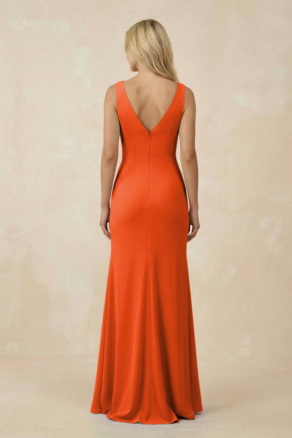 Cinnamon V-Neck Ruched Sheath Bridesmaid Dress with Slit (2) | KISSBRIDAL