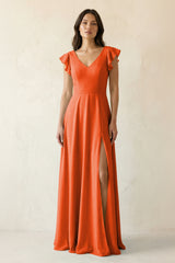 Cinnamon V-Neck Ruffled A-Line Chiffon Bridesmaid Dress | KISSBRIDAL