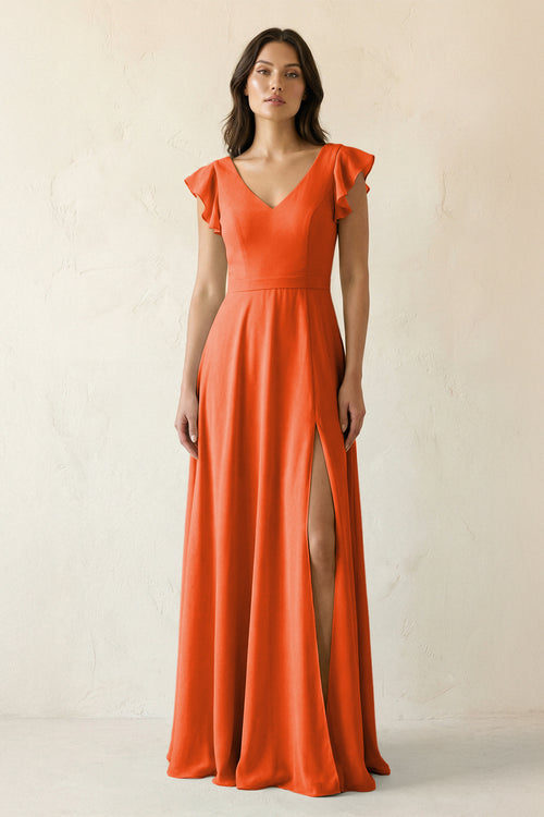 Cinnamon V-Neck Ruffled A-Line Chiffon Bridesmaid Dress | KISSBRIDAL