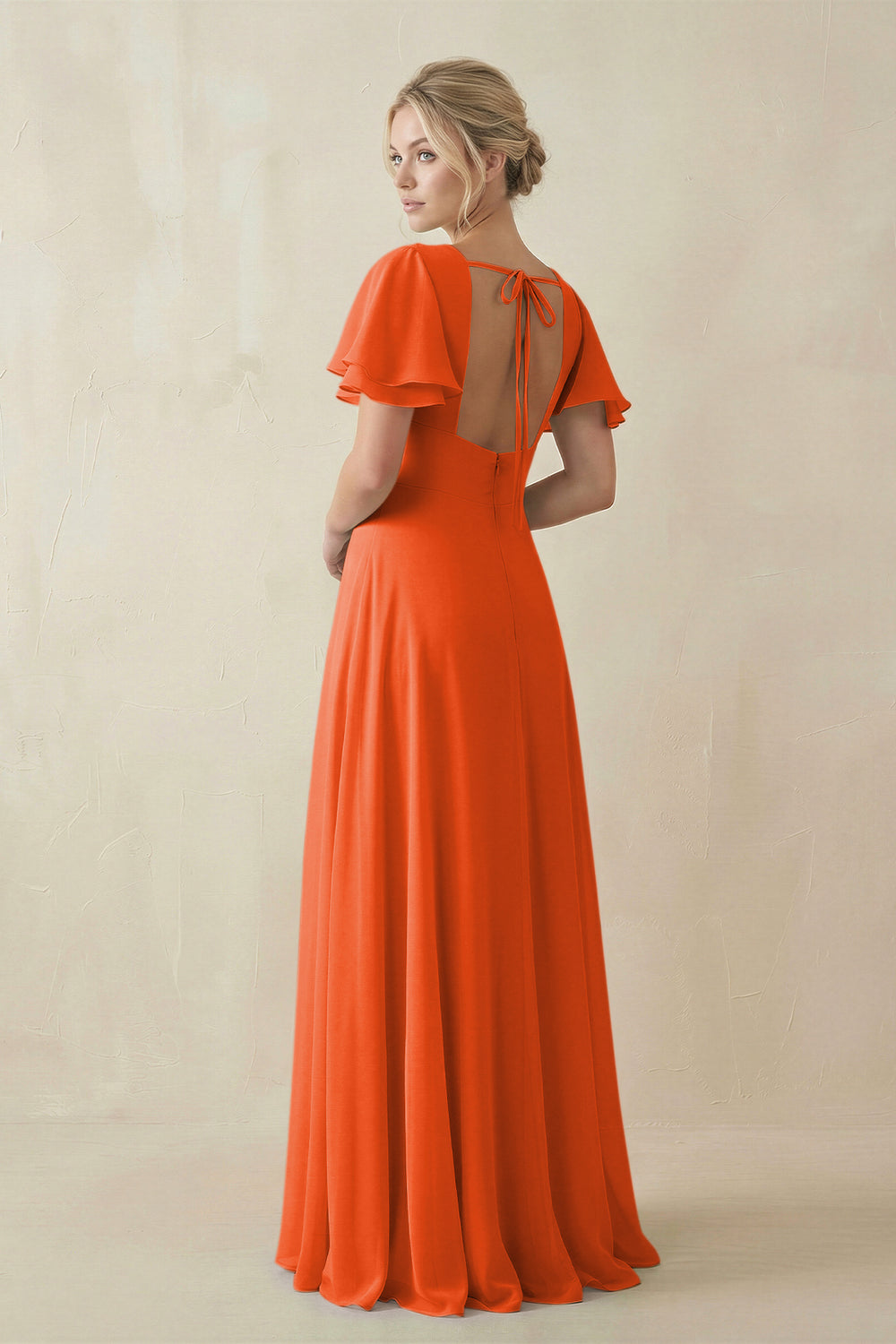 V-Neck Ruffled Short Sleeves A-Line Bridesmaid Dress in Cinnamon