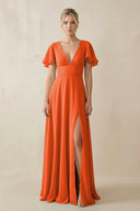 Cinnamon V-Neck Ruffled Short Sleeves A-Line Bridesmaid Dress | KISSBRIDAL