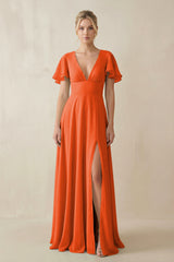 Cinnamon V-Neck Ruffled Short Sleeves A-Line Bridesmaid Dress | KISSBRIDAL