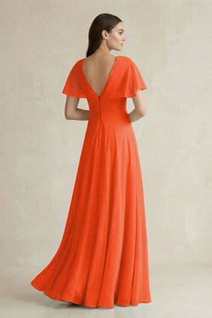 Cinnamon V-Neck Ruffled Sleeve A-Line Chiffon Bridesmaid Dress (2) | KISSBRIDAL