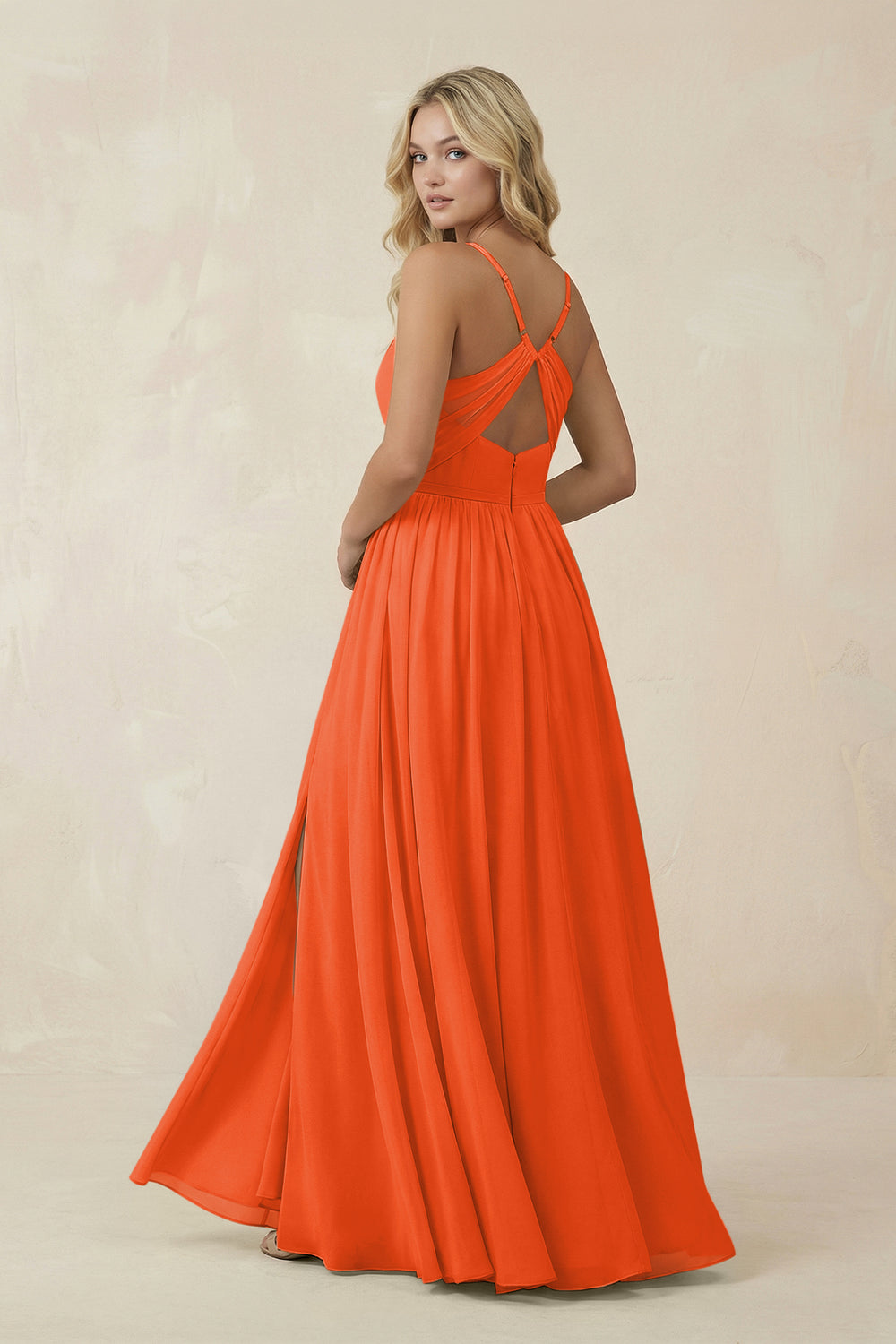 V-Neck Spaghetti Strap A-Line Chiffon Bridesmaid Dress in Cinnamon