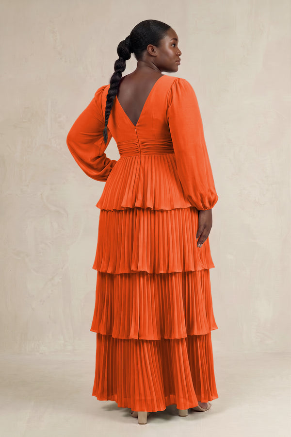 Cinnamon V-Neck Tiered A-Line Long Sleeve Bridesmaid Dress (2) [sizeplus] | KISSBRIDAL
