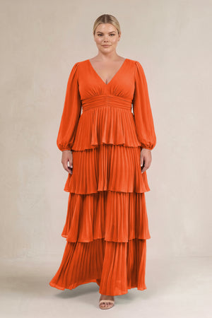 Cinnamon V-Neck Tiered A-Line Long Sleeve Bridesmaid Dress (3) [sizeplus] | KISSBRIDAL
