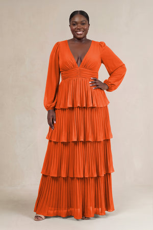 Cinnamon V-Neck Tiered A-Line Long Sleeve Bridesmaid Dress [sizeplus] | KISSBRIDAL