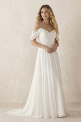 Cold Shoulder A - Line Chiffon Appliqued Wedding Dress in White - KISS BRIDAL Wedding Dresses