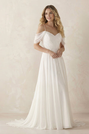 Cold Shoulder A - Line Chiffon Appliqued Wedding Dress in White - SHE IS ME Wedding Dresses