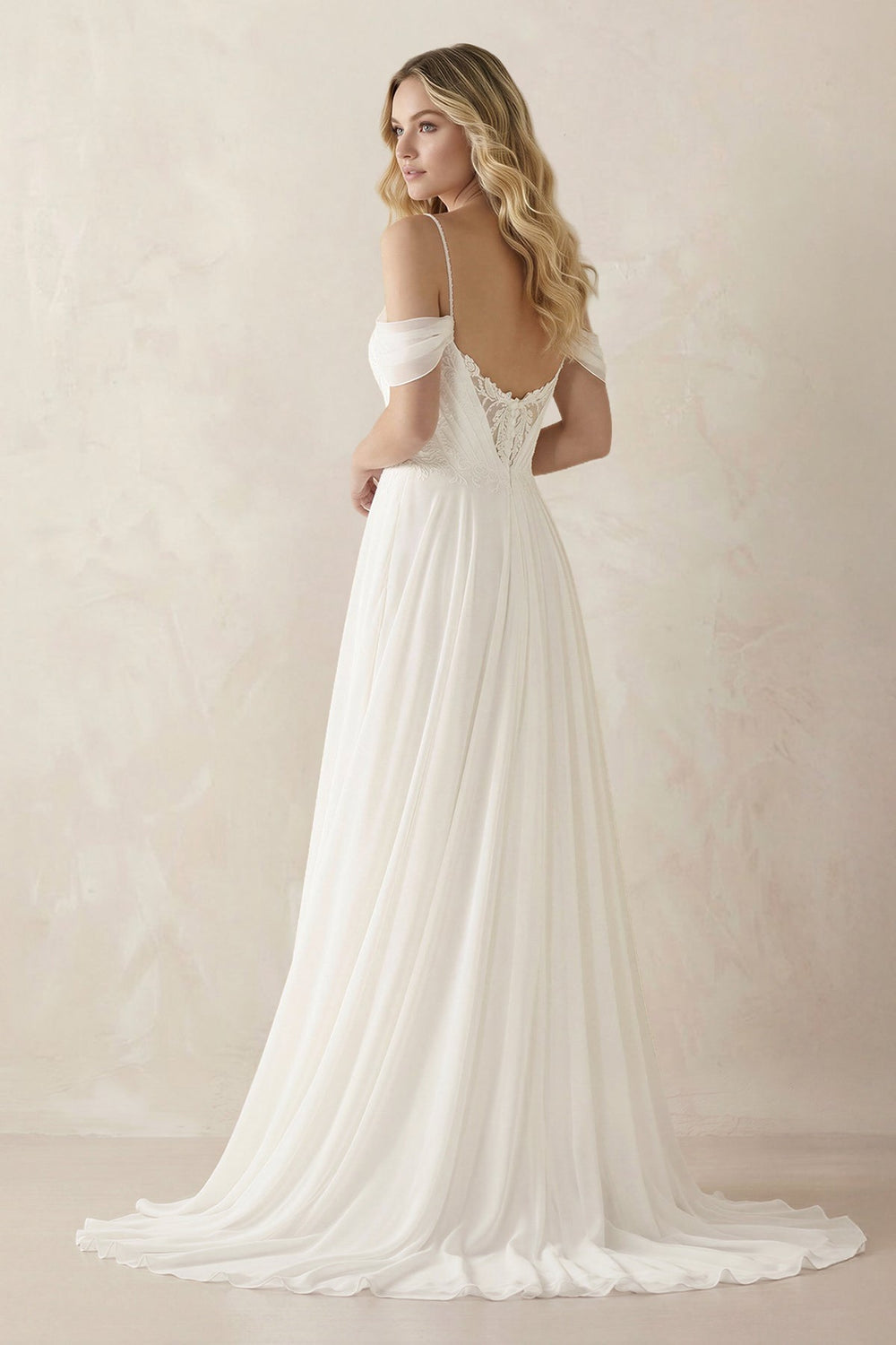 Cold Shoulder A - Line Chiffon Appliqued Wedding Dress in White - KISS BRIDAL Wedding Dresses