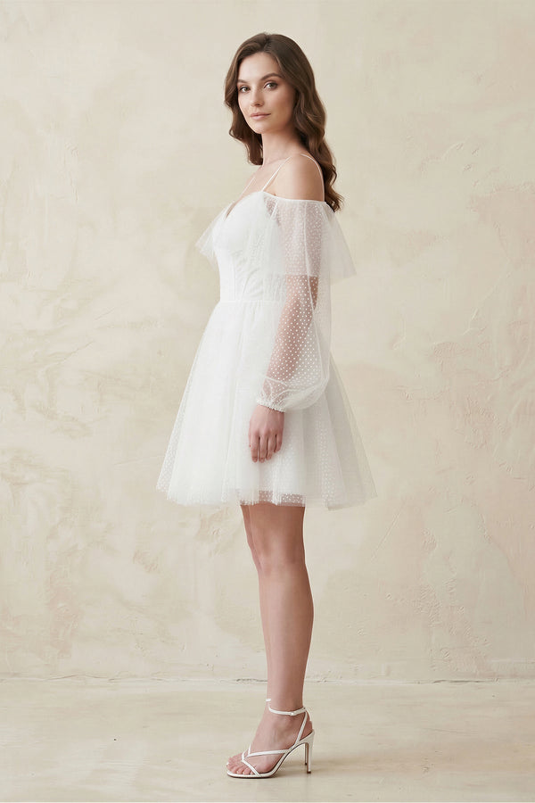 Cold - Shoulder A - Line Tulle Mini Wedding Dress With Sleeves in White - SHE IS ME Wedding Dresses