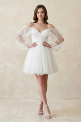 Cold - Shoulder A - Line Tulle Mini Wedding Dress With Sleeves in White - KISS BRIDAL Wedding Dresses