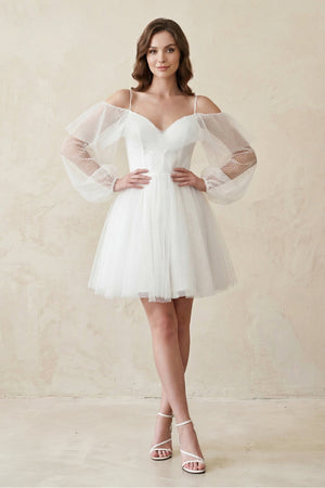 Cold - Shoulder A - Line Tulle Mini Wedding Dress With Sleeves in White - SHE IS ME Wedding Dresses