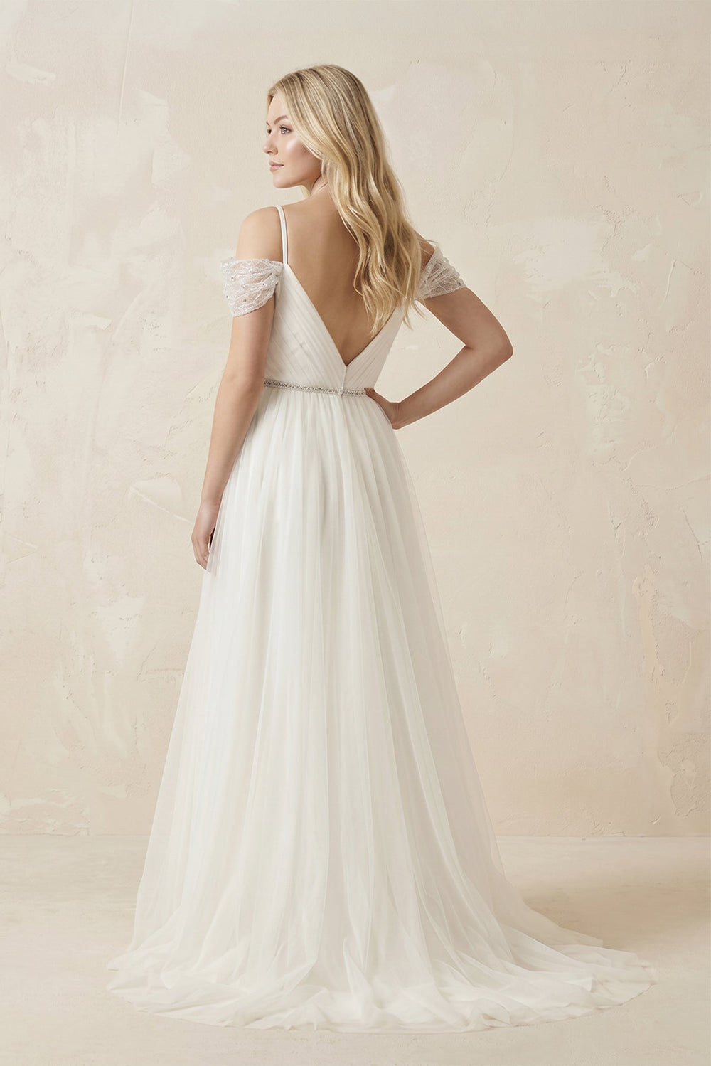 Cold Shoulder Tulle A - Line Ruched Wedding Dress in White - KISS BRIDAL Wedding Dresses