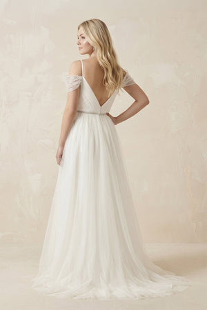 Cold Shoulder Tulle A - Line Ruched Wedding Dress in White - SHE IS ME Wedding Dresses
