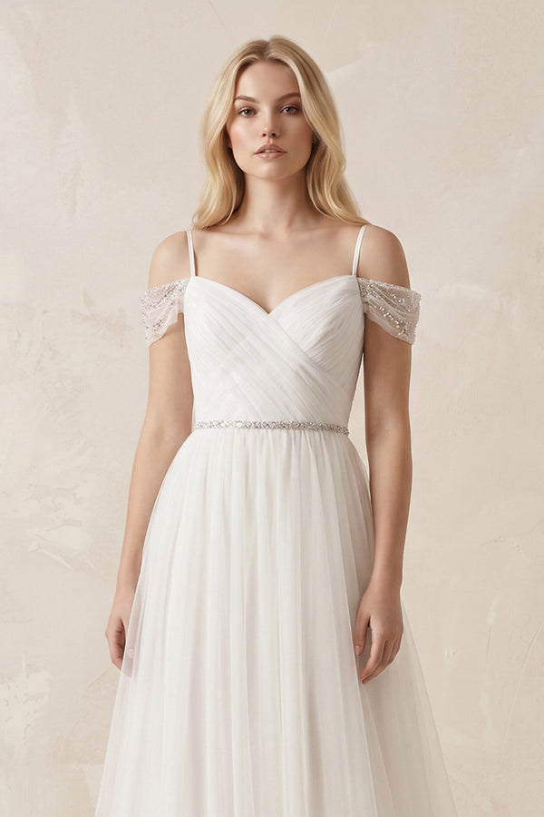 Cold Shoulder Tulle A - Line Ruched Wedding Dress in White - SHE IS ME Wedding Dresses