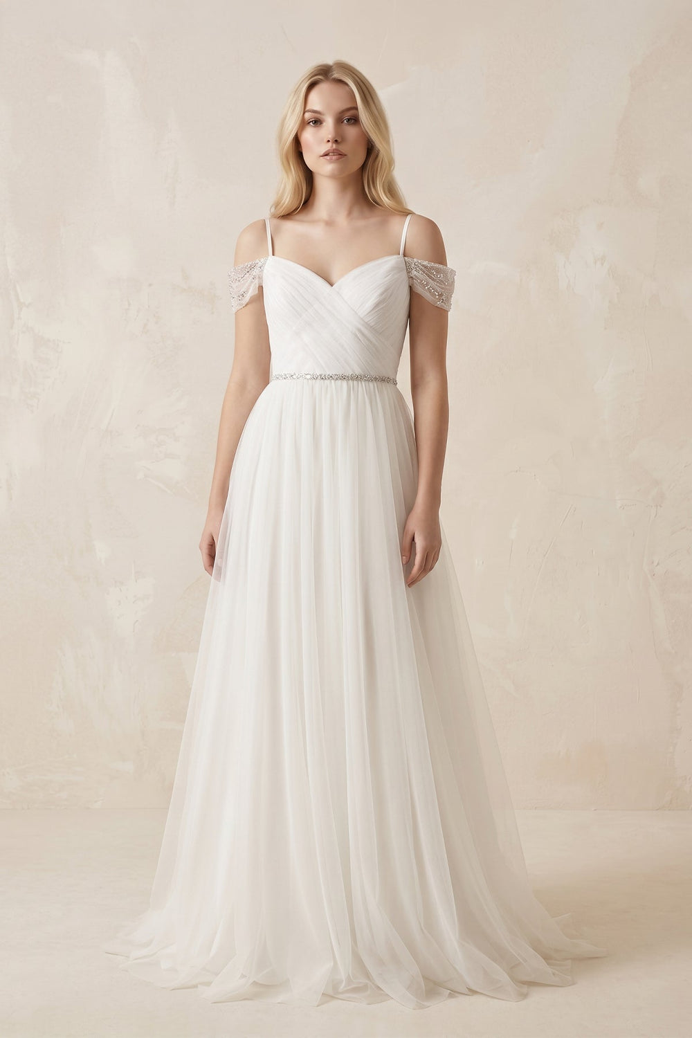 Cold Shoulder Tulle A - Line Ruched Wedding Dress in White - KISS BRIDAL Wedding Dresses