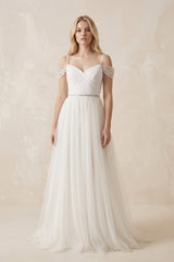 Cold Shoulder Tulle A - Line Ruched Wedding Dress in White - KISS BRIDAL Wedding Dresses