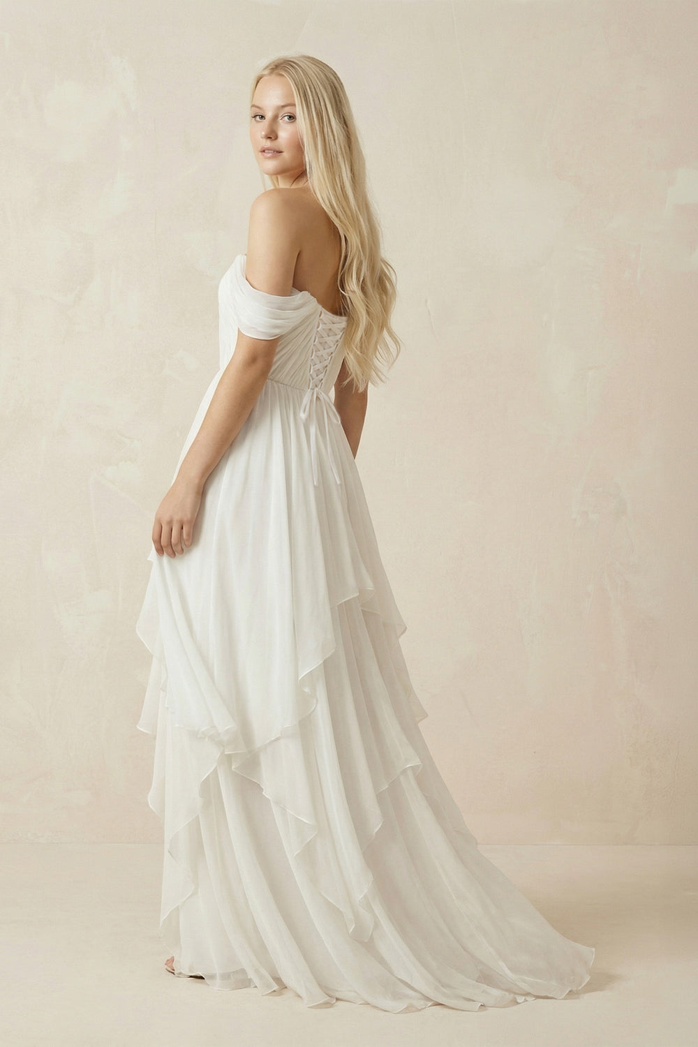 Ivory Off - the - Shoulder Tiered Chiffon A - Line Wedding Dress - KISS BRIDAL Wedding Dresses
