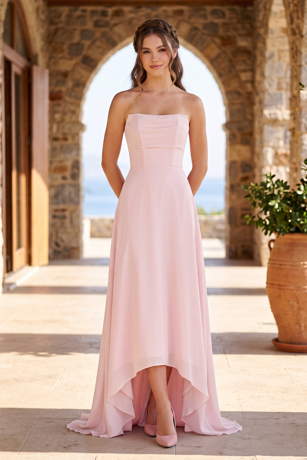 Cowl Neck High Low Maxi Dress in Pink