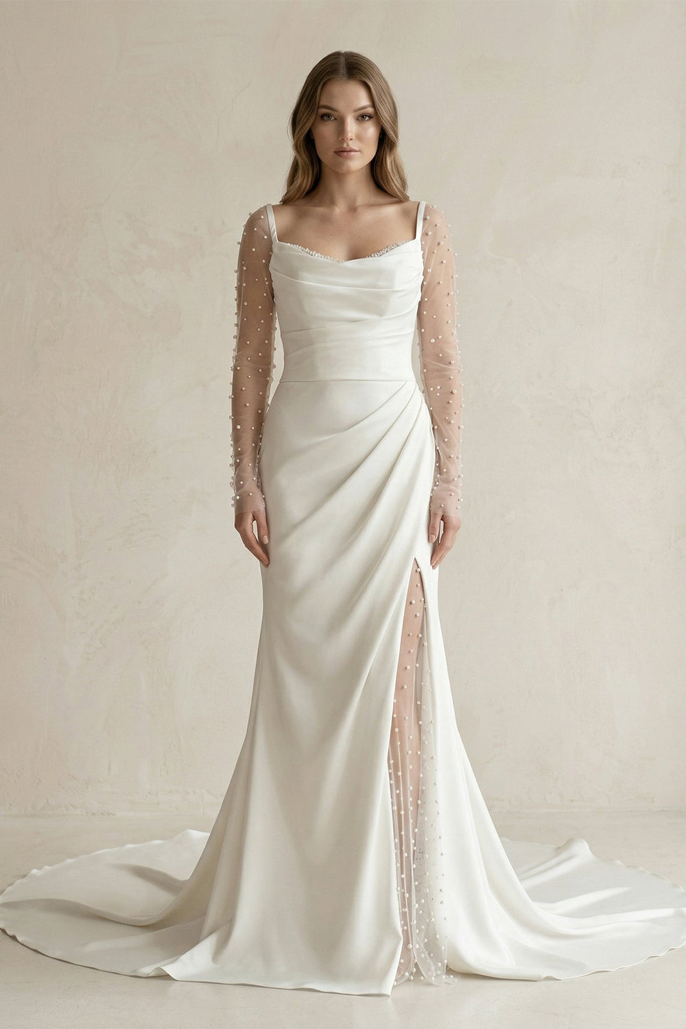 Cowl Neck Mermaid Ruched Satin Long Sleeves Wedding Dress With Slit in White - KISS BRIDAL Wedding Dresses