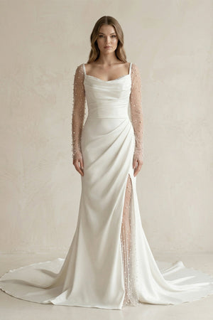 Cowl Neck Mermaid Ruched Satin Long Sleeves Wedding Dress With Slit in White - SHE IS ME Wedding Dresses