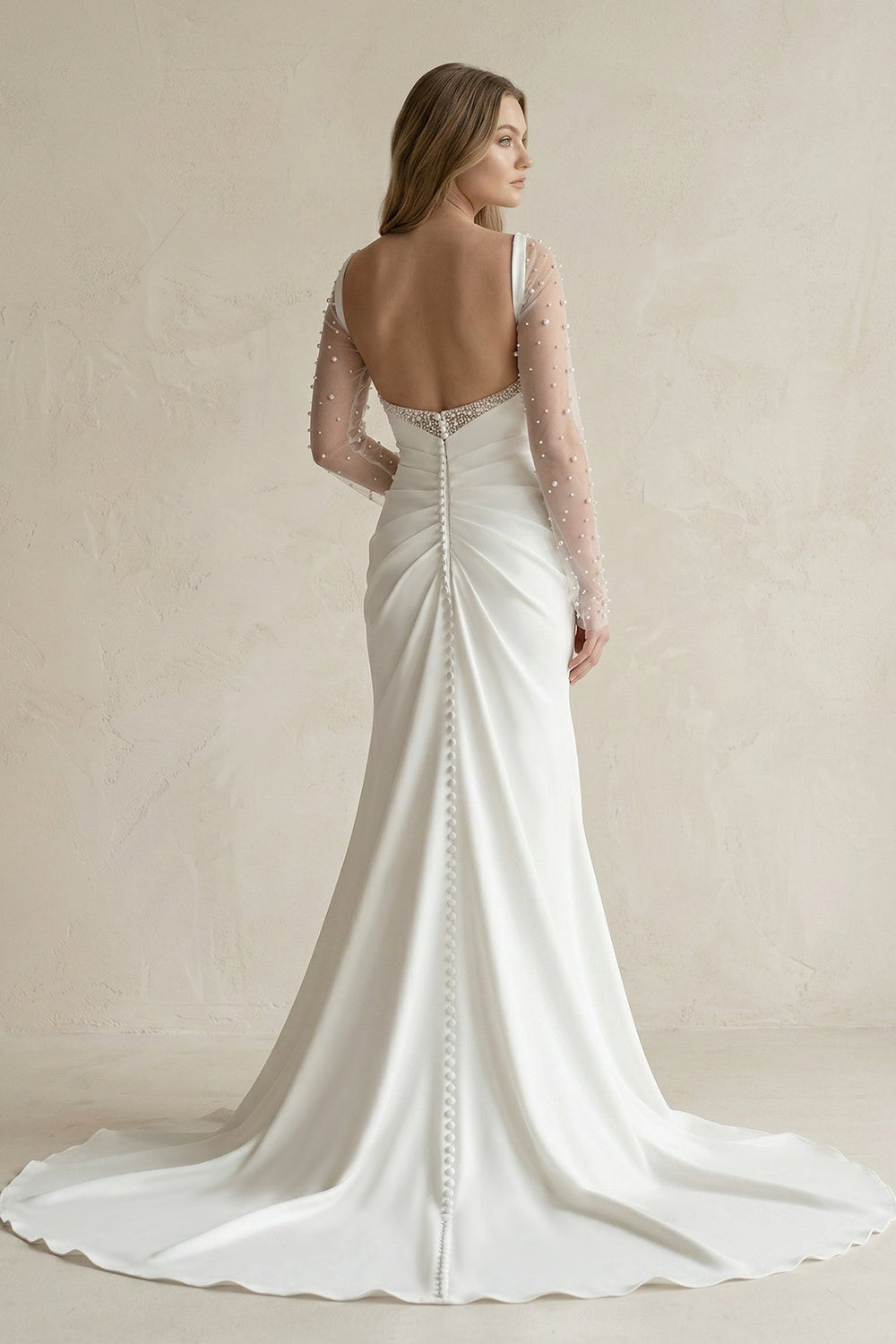 Cowl Neck Mermaid Ruched Satin Long Sleeves Wedding Dress With Slit in White - KISS BRIDAL Wedding Dresses