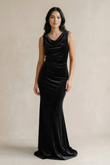 Cowl Neck Mermaid Velvet Bridesmaid Dress in Black - KISS BRIDAL Bridesmaid Dresses