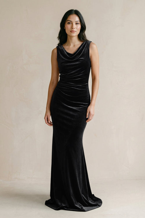 Cowl Neck Mermaid Velvet Bridesmaid Dress in Black - KISS BRIDAL Bridesmaid Dresses