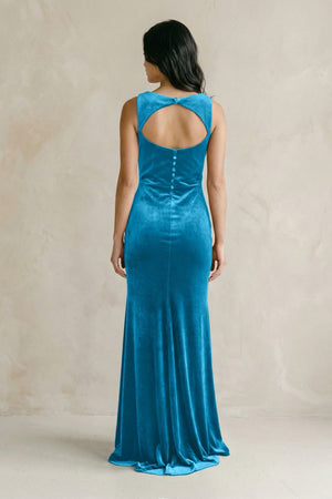 Cowl Neck Mermaid Velvet Bridesmaid Dress in Blue Jay - KISS BRIDAL Bridesmaid Dresses
