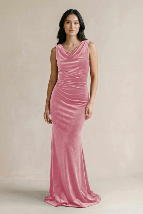Cowl Neck Mermaid Velvet Bridesmaid Dress in Blush Pink - KISS BRIDAL Bridesmaid Dresses