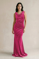 Cowl Neck Mermaid Velvet Bridesmaid Dress in Bon Bon Pink - KISS BRIDAL Bridesmaid Dresses