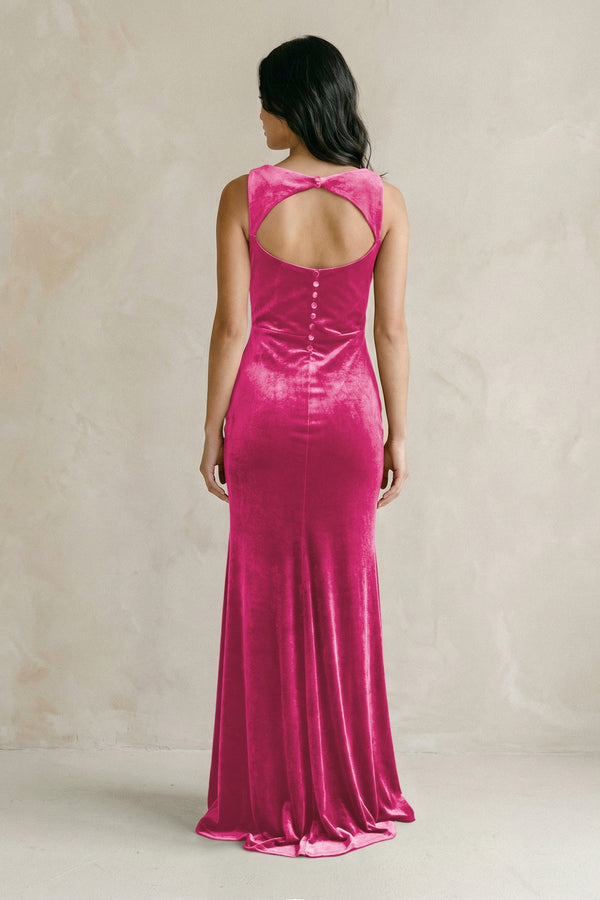 Cowl Neck Mermaid Velvet Bridesmaid Dress in Bon Bon Pink - KISS BRIDAL Bridesmaid Dresses