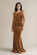 Cowl Neck Mermaid Velvet Bridesmaid Dress in Brown - KISS BRIDAL Bridesmaid Dresses