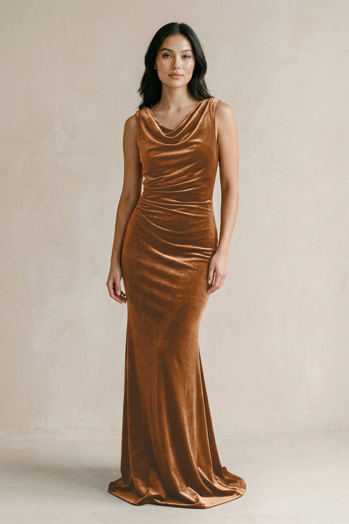 Cowl Neck Mermaid Velvet Bridesmaid Dress in Brown - KISS BRIDAL Bridesmaid Dresses
