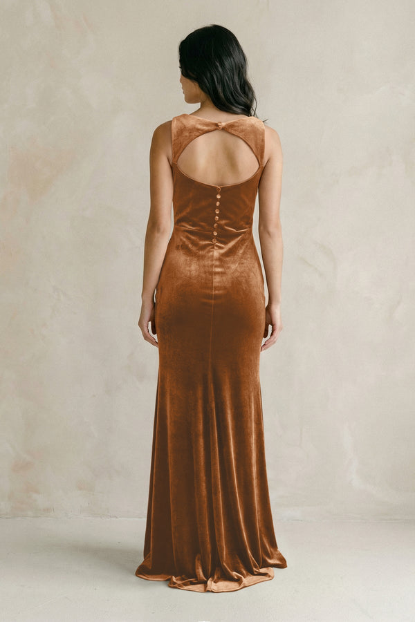 Cowl Neck Mermaid Velvet Bridesmaid Dress in Brown - KISS BRIDAL Bridesmaid Dresses