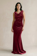Cowl Neck Mermaid Velvet Bridesmaid Dress in Burgundy - KISS BRIDAL Bridesmaid Dresses