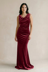 Cowl Neck Mermaid Velvet Bridesmaid Dress in Burgundy - KISS BRIDAL Bridesmaid Dresses
