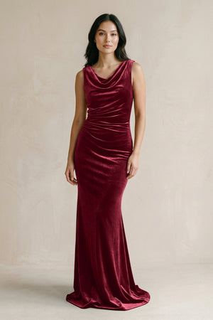 Cowl Neck Mermaid Velvet Bridesmaid Dress in Burgundy - KISS BRIDAL Bridesmaid Dresses
