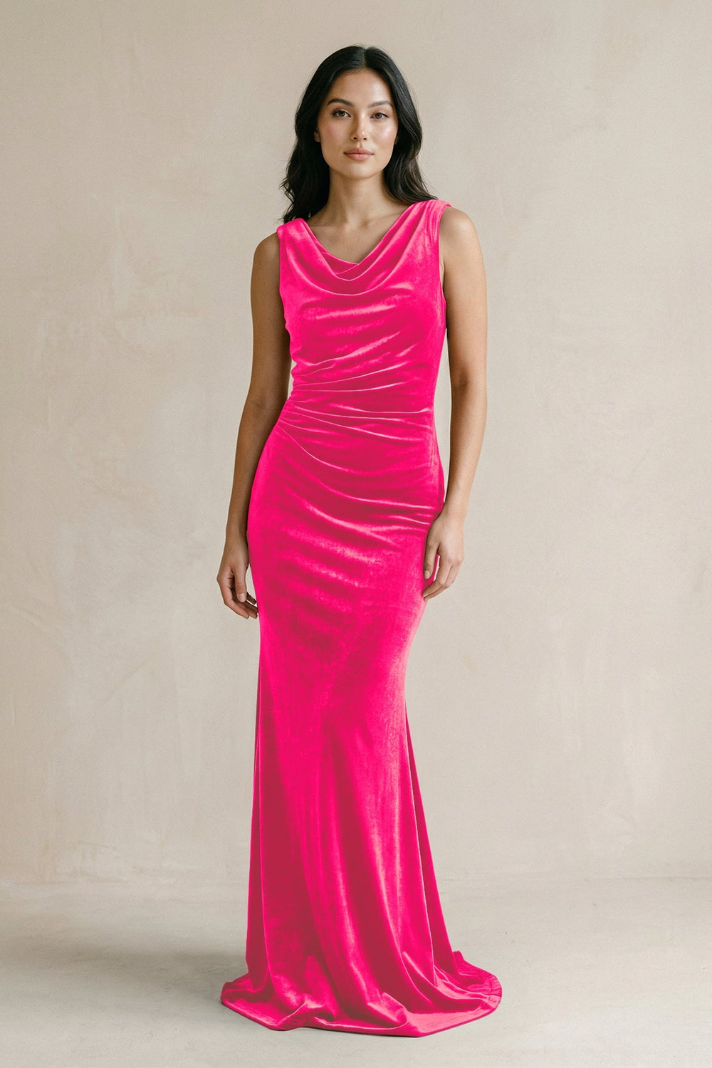 Cowl Neck Mermaid Velvet Bridesmaid Dress in Candy Pink - KISS BRIDAL Bridesmaid Dresses