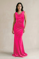 Cowl Neck Mermaid Velvet Bridesmaid Dress in Candy Pink - KISS BRIDAL Bridesmaid Dresses