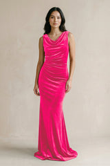 Cowl Neck Mermaid Velvet Bridesmaid Dress in Candy Pink - KISS BRIDAL Bridesmaid Dresses